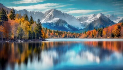 A tranquil lake reflecting the vibrant colors of an autumn forest, with snow-capped peaks in the distance. - Powered by Adobe