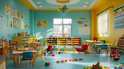 A bright and colorful kindergarten classroom with toys, educational posters, and small desks. 8k,...