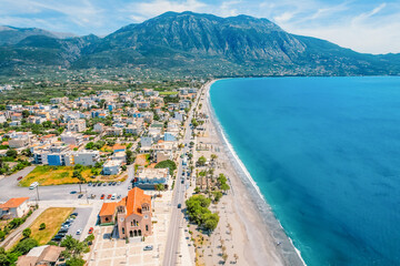 Kalamata Marina port. Aerial photo of Kalamata city, blue long beach in Messenia, Peloponnese,...