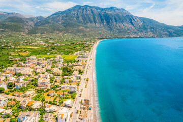Kalamata Marina port. Aerial photo of Kalamata city, blue long beach in Messenia, Peloponnese,...