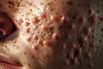 Fototapeta premium Worms-eye view of skin with textured acne, hyper-realistic detail, dramatic lighting, emphasizing bumps and redness, digital photorealism style, clear focus and depth of field