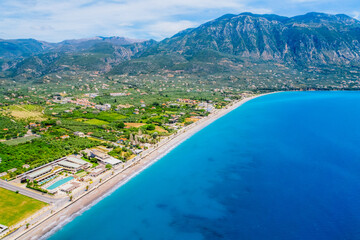 Naklejka premium Kalamata Marina port. Aerial photo of Kalamata city, blue long beach in Messenia, Peloponnese, Greece