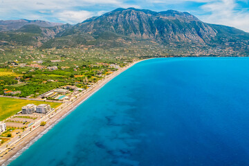 Kalamata Marina port. Aerial photo of Kalamata city, blue long beach in Messenia, Peloponnese, Greece