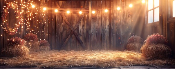 Create a rustic barn interior. Hay bales and dried flowers decorate the space, and sunlight streams in through the window. The barn is lit by a few strings of lights.