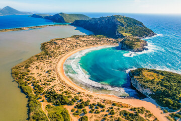 Aerial view of voidokilia beach, lagoon with beaches in mediterranean, Ionian Sea, Pylos town ,...