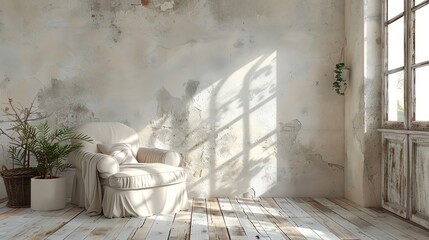 Create a photorealistic image of a vintage, beige armchair sitting in the middle of a large, empty room