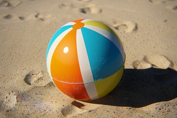 Obraz premium Wide-angle view of a vibrant, multi-colored beach ball, close-up, against a sunlit sandy beach background, photorealistic detail, emphasizing texture and shadow play, perfect for summer advertising