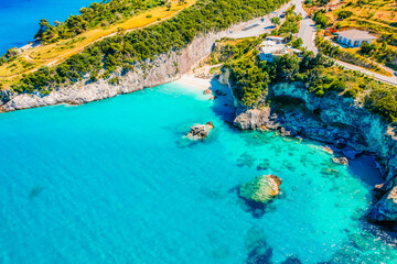 Xigia Beach, Zakynthos or Zante Island, Greece. Beautiful views of azure sea water and nature with cliffs