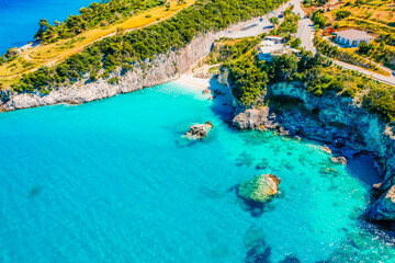 Xigia Beach, Zakynthos or Zante Island, Greece. Beautiful views of azure sea water and nature with...