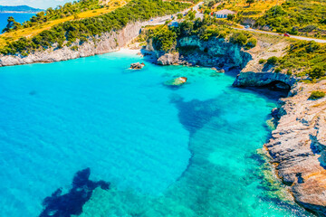 Xigia Beach, Zakynthos or Zante Island, Greece. Beautiful views of azure sea water and nature with cliffs
