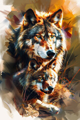 Naklejka premium Wolf with pups: Digital Painting in natural colors