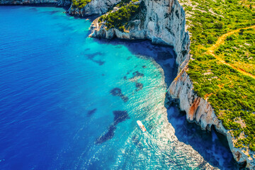 Blue caves on Zakynthos island or Zante Island, Greece. Beautiful views of azure sea water and nature with cliffs cave. Boat trip