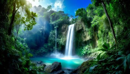 A dense tropical rainforest with a waterfall cascading in the background, under a bright blue sky