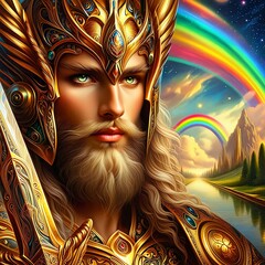 Heimdall, Guardian of Asgard and the Rainbow Bridge. Golden armor. He holds a sword. He is ready to signal the onset of Ragnarok. Eternal vigilance. Guarding the realms. Generative AI