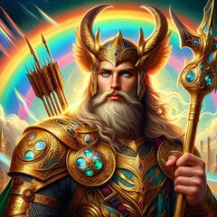 Heimdall, Guardian of Asgard and the Rainbow Bridge. Golden armor. He holds a spear. He is ready to signal the onset of Ragnarok. Eternal vigilance. Guarding the realms. Generative AI