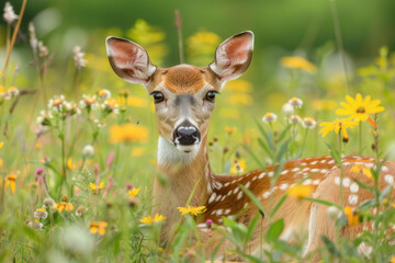 Naklejka premium A close-up of a deer resting in an open meadow surrounded by tall grass and wildflowers.. AI generated.