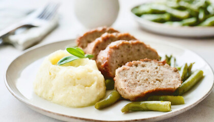 Meatloaf slices with green beans and mashed potatoes, brown gravy. AI	