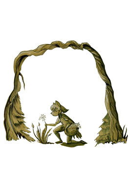 A girl collects flowers among the forest thicket. Clipart with transparent background.