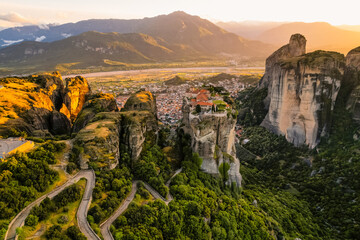 The monastery Meteora, aerila rocky monasteries complex in Greece near Kalabaka city. Monastery of...