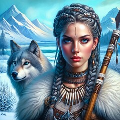 Skadi: Goddess of Winter and Hunt, Guardian of the icy realms of the Northern Wilderness. Armed with a spear. Loyal wolf companion. Northern Mythology. Generative AI