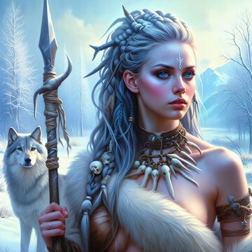 Skadi: Goddess of Winter and Hunt, Guardian of the icy realms of the Northern Wilderness. Armed with a spear. Loyal wolf companion. Northern Mythology. Generative AI