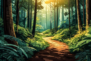 A winding forest trail leading through a dense thicket of trees with sunlight filtering through the canopy vector art illustration generative AI image.
