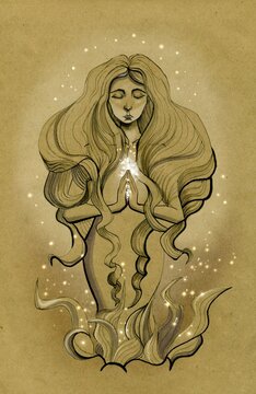 A young girl prays and shines during prayer. Light emanates from hands folded in prayer. Ink drawing on craft paper.