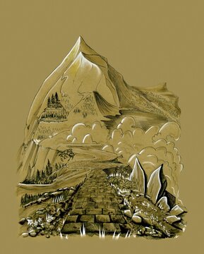Mountain peak. Mountain landscape in ink on old craft paper.