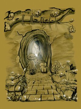 A girl with a torch and a cat enters a mysterious cave. Fairytale ink drawing on yellow old paper.