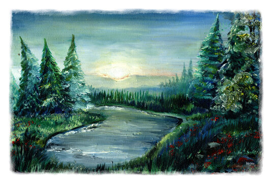 Forest lake among the mountains. Oil painting.