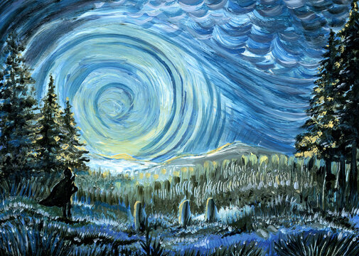 Forest landscape with beautiful sky. Oil painting in the impressionist style.