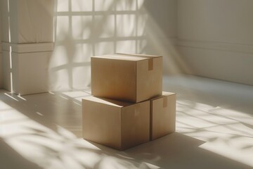 Moving Boxes in a Sunlit Room with Beautiful Shadows on White Walls for a Modern and Minimalist Home Relocation.