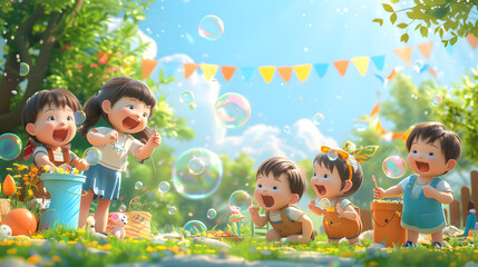 Children playing with bubbles at park. Generative by AI