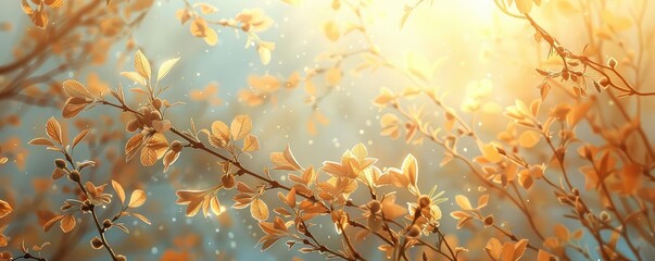 Spring leaves budding on trees, soft dawn light, low angle, fresh and airy painting