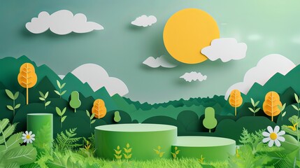 A 3D cylinder podium set against a green natural landscape, serving as a background for Earth Day or World Environment Day banners. Presented in paper art vector illustration.