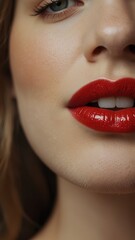 Fototapeta premium Lips with red lipstick and white teeth of a beautiful woman