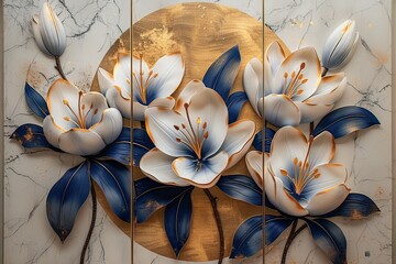 3 panel wall art, white marble background with white sunflower flowers designs, with golden round...