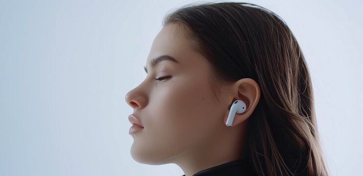 Woman wearing airpods listening to music with eyes closed in calm environment