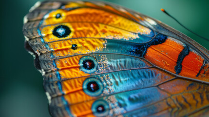 Amazing closeup of a blue and orange butterfly wing with intricate patterns and vibrant colors. macro background wallpapers.
