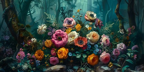 Vibrant bouquet of various flowers in a dark, mystical forest setting, creating a contrast between the colorful blooms and the shadowy woods