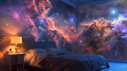 Space nebulae and stars for a dreamy bedroom. --ar 16:9 Job ID: 02362f64-89e7-440d-b5cc-4fffc41ba44f