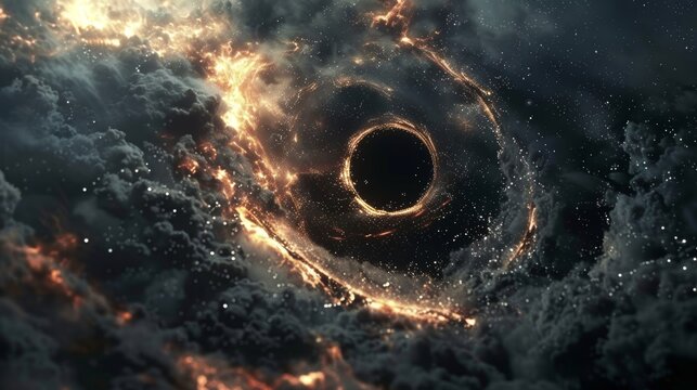 The black hole emits a wide spectrum of particles from massive chunks of matter to tiny subatomic particles creating a visually stunning display.