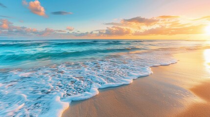 Serene beach at sunset with soft waves gently lapping the shore, golden sands stretching into the distance, and a colorful sky transitioning from warm hues to deep blues - Powered by Adobe
