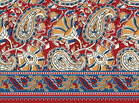HAND DRAWN PAISLEY FLORAL JAIPUR PRINTS SEAMLESS PRINT DIGITAL PATTERN WITH SEAMLESS BORDER