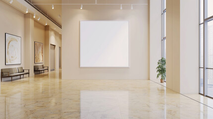 Panoramic empty frame on a soft beige wall enhances the bright, spacious gallery hall.