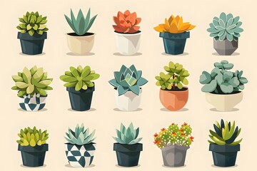 Obraz premium A collection of various succulents in different colored and shaped pots arranged in a grid