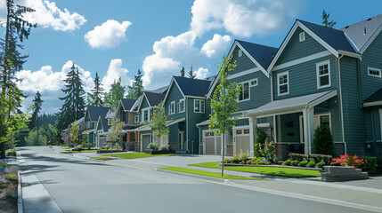 residential neighborhood with wide variety of homes, each unique in its design and style, Street of residential houses