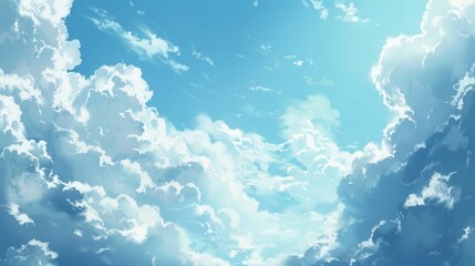 Light blue cloudy summer sky with fluffy clouds and gentle sunlight creating a serene and tranquil atmosphere in a clear blue sky background