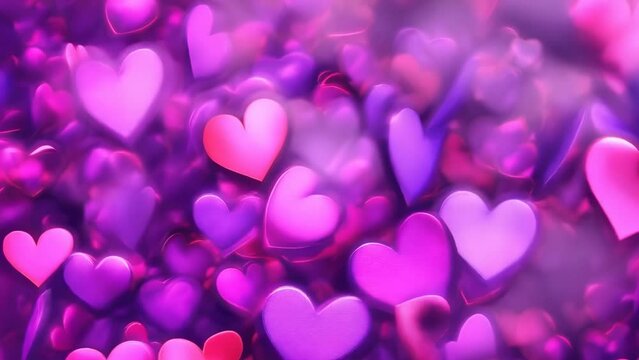 A vibrant array of red and purple hearts float against a dark background, evoking feelings of love, romance, passion, and affection. The glowing colors create a warm, dreamy atmosphere.