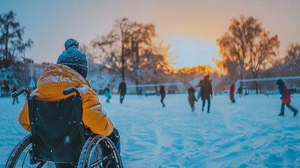 Child in Wheelchair Playing Football - Kid in wheelchair with a ball on the snowy winter field